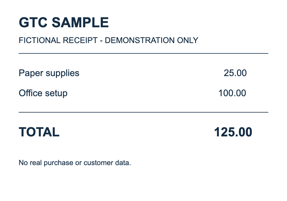 Fictional GTC sample receipt